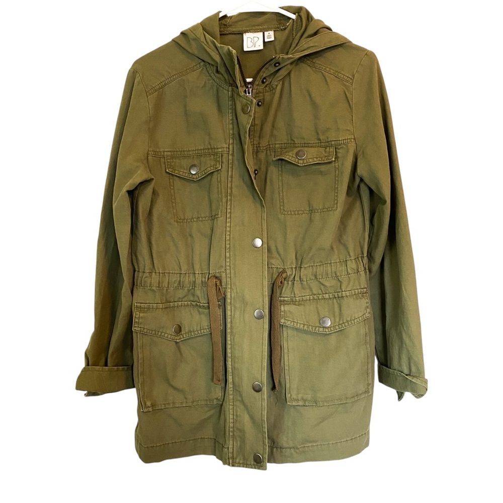 BP Green Cotton Hooded Drawstring Cargo Utility Jacket Zip Front Pockets M